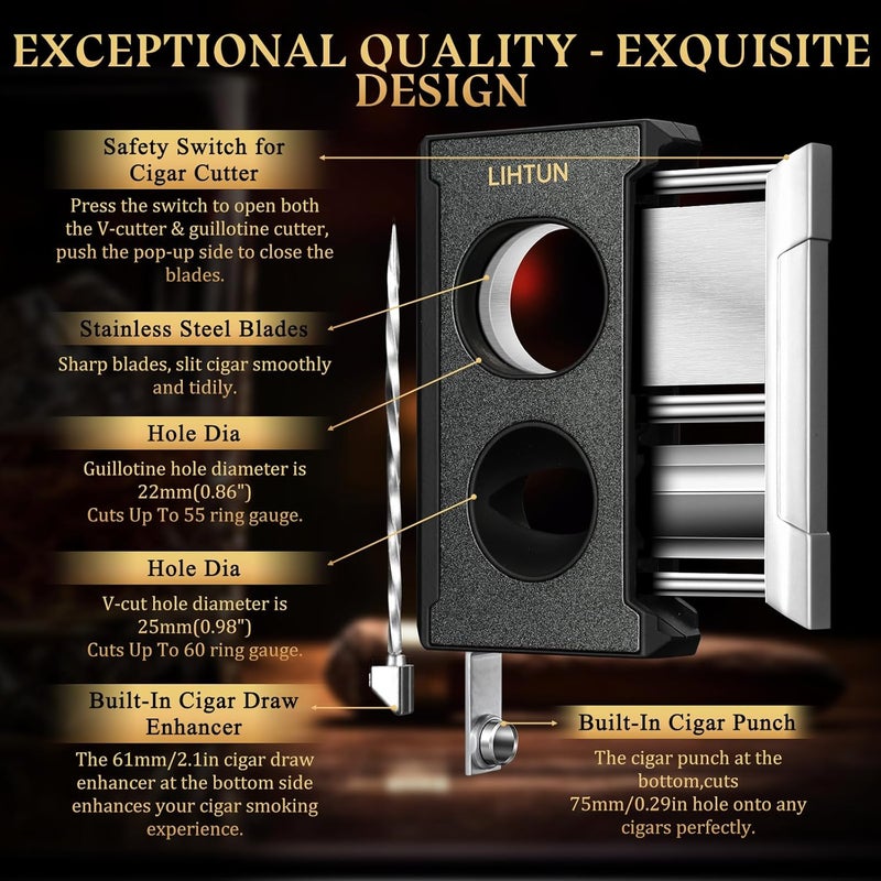 LIHTUN Cigar Cutter Guillotine 4 in 1 One Touch Straight Cut V Cutter with Cigar Punch Cigar Draw Enhancer, Stainless Steel Double Blade Cigar Clippers, Cuts Up to 60 Ring Gauge Cigars, Gift for Men - Image 2
